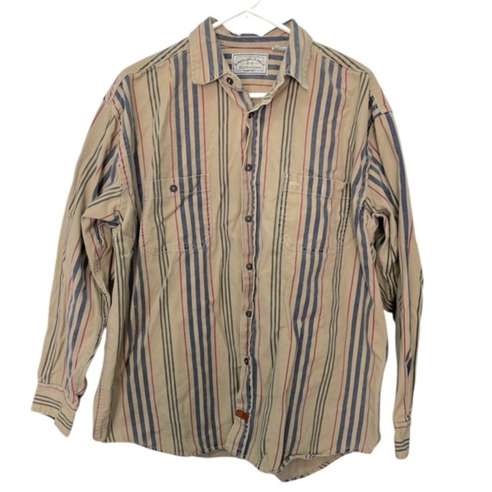 American Eagle L Tan Striped Button Down Shirt Long Sleeve‎ Workwear Americana